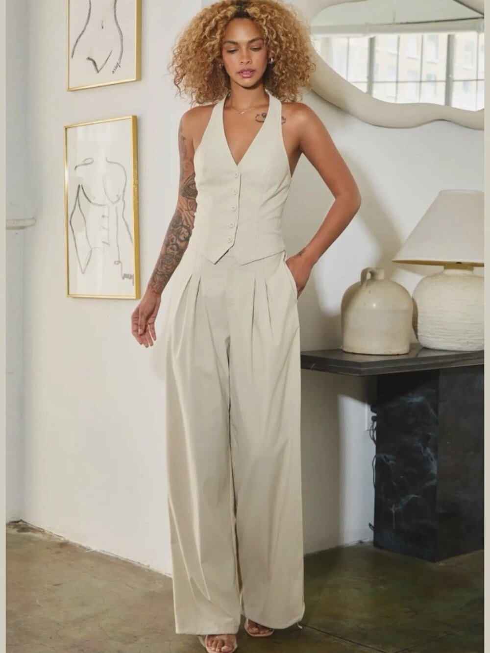 Matching Outfit Set Halter Vest Top Wide-Leg Dress Pants SZ S M L Stretchy Cream